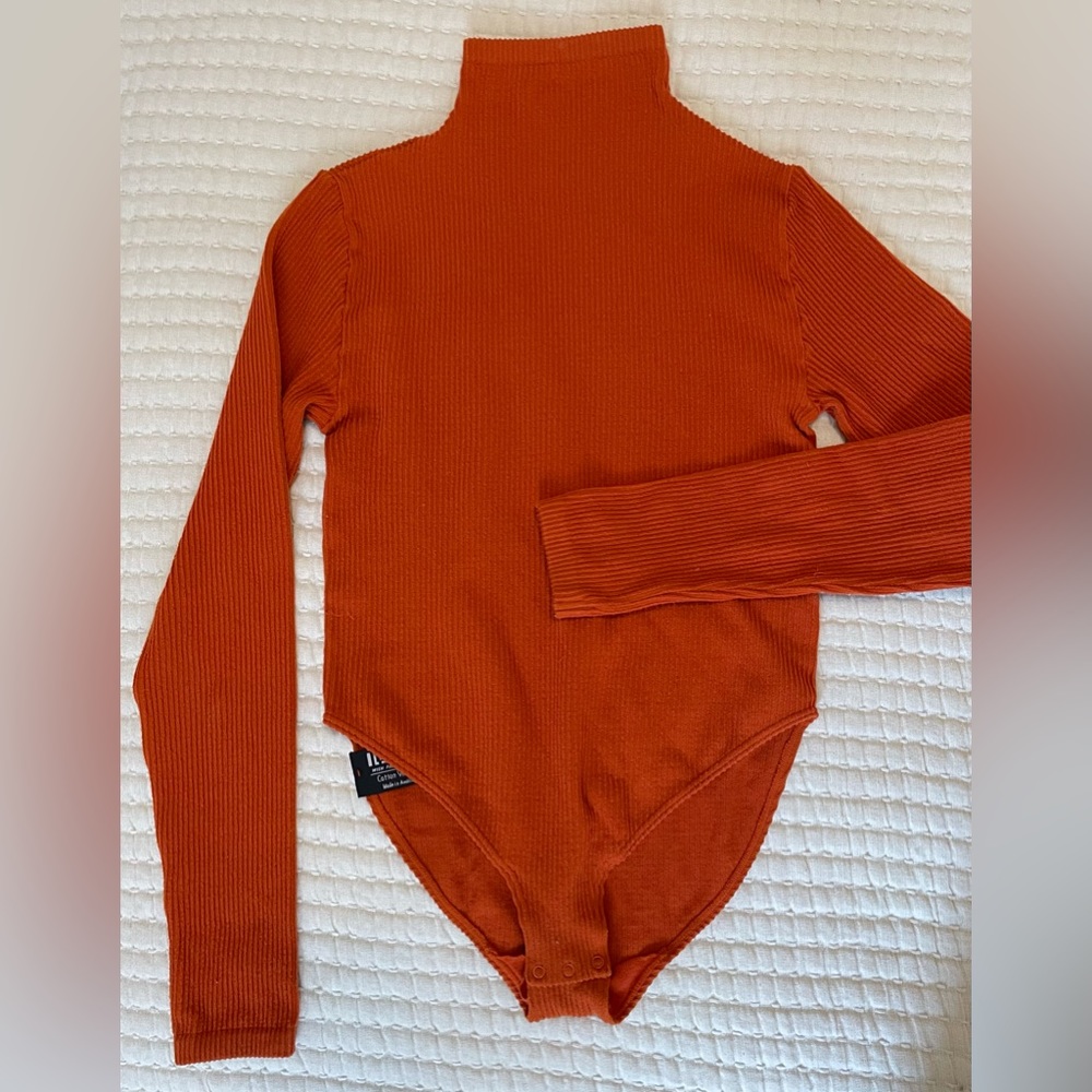 Vintage Wolford Ribbed Rust Bodysuit cotton blend mock neck long sleeve